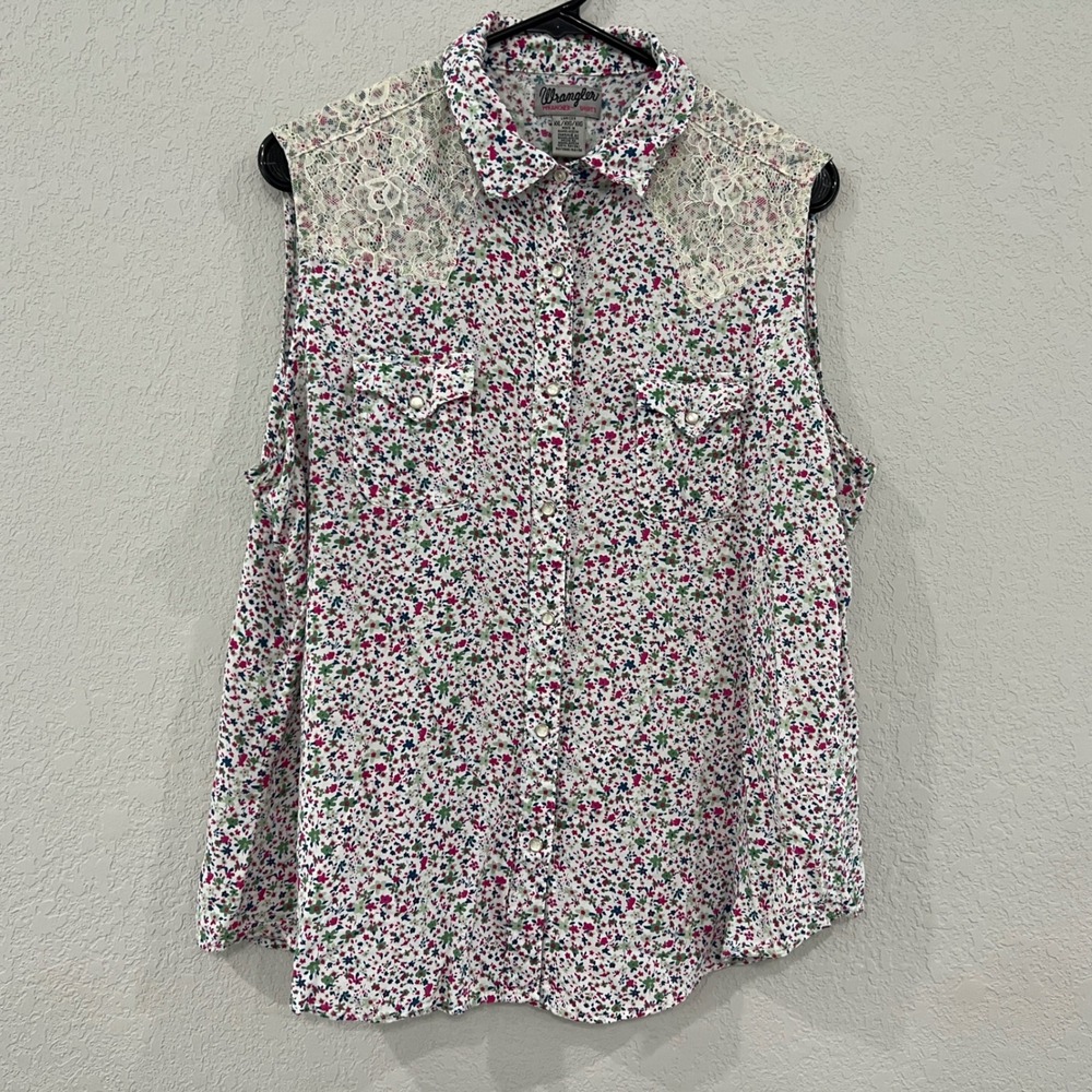 Wrangler Rancher Womens XXL Floral Sleeveless Western Shirt Lace Pearl Snap